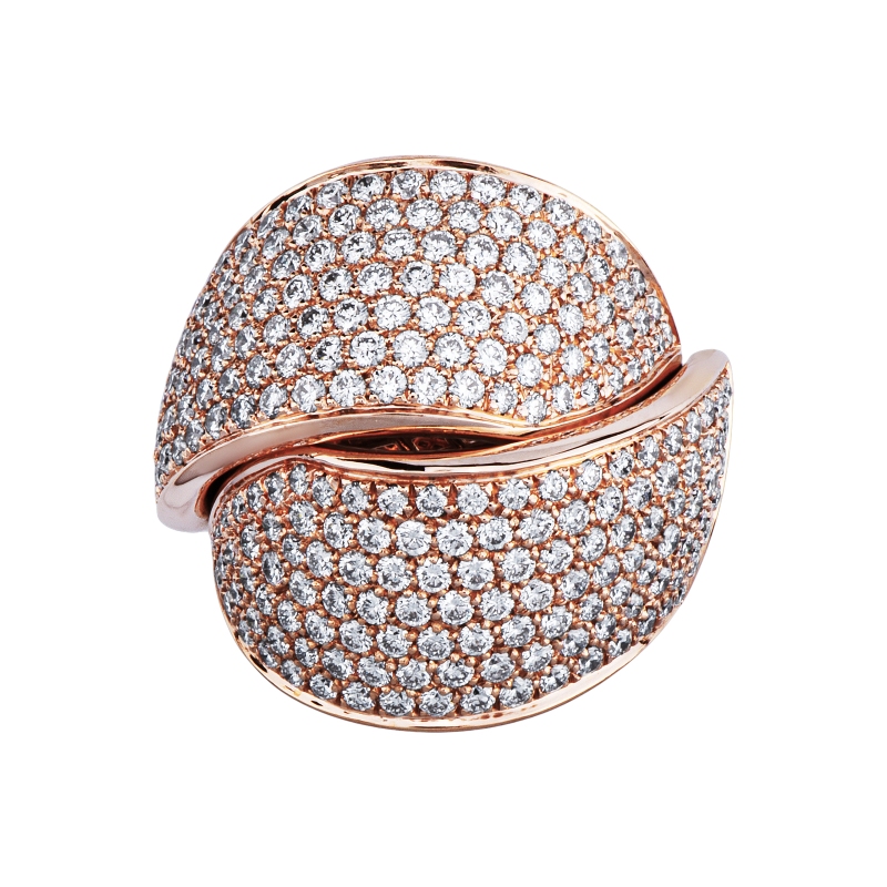 750 rose gold crossed band ring with diamonds