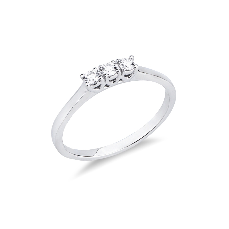 Linear trilogy ring crafted in 18k white gold set with three diamonds,  0.15 ct