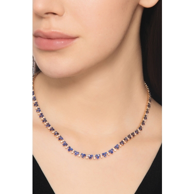 18k rose gold tennis necklace featuring blue sapphires and diamonds