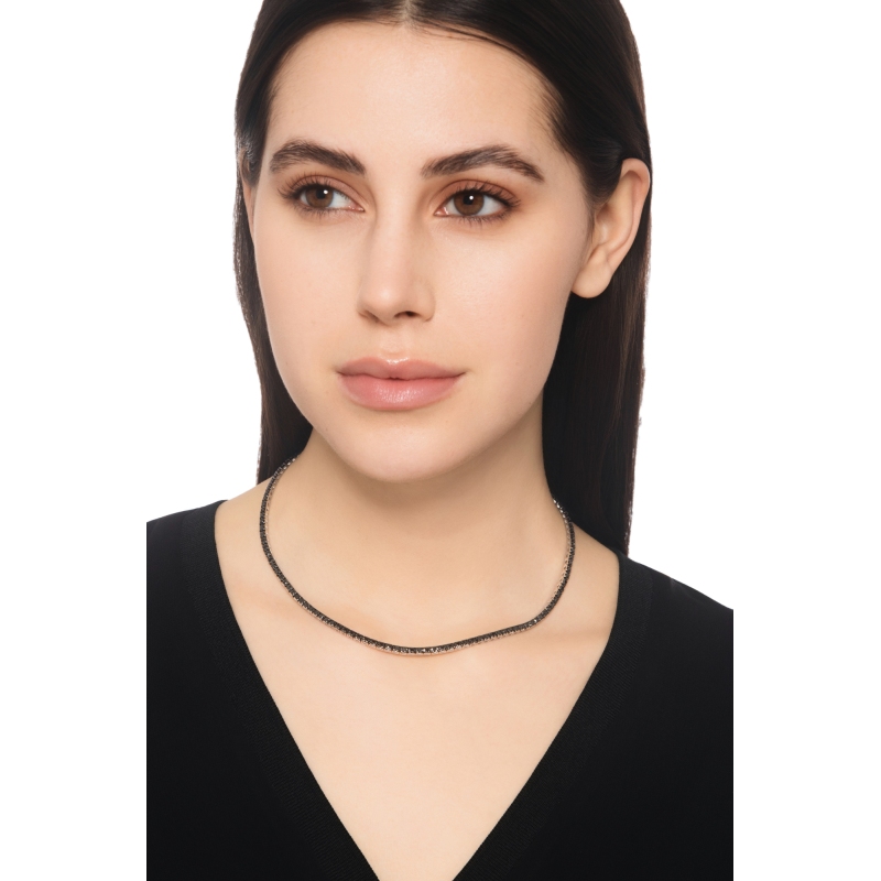 18k white gold linear pyramid tennis necklace with black diamonds