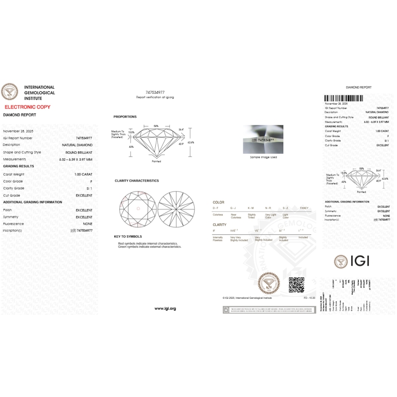 IGI Certified Diamond   CT 1,00  F  SI 1