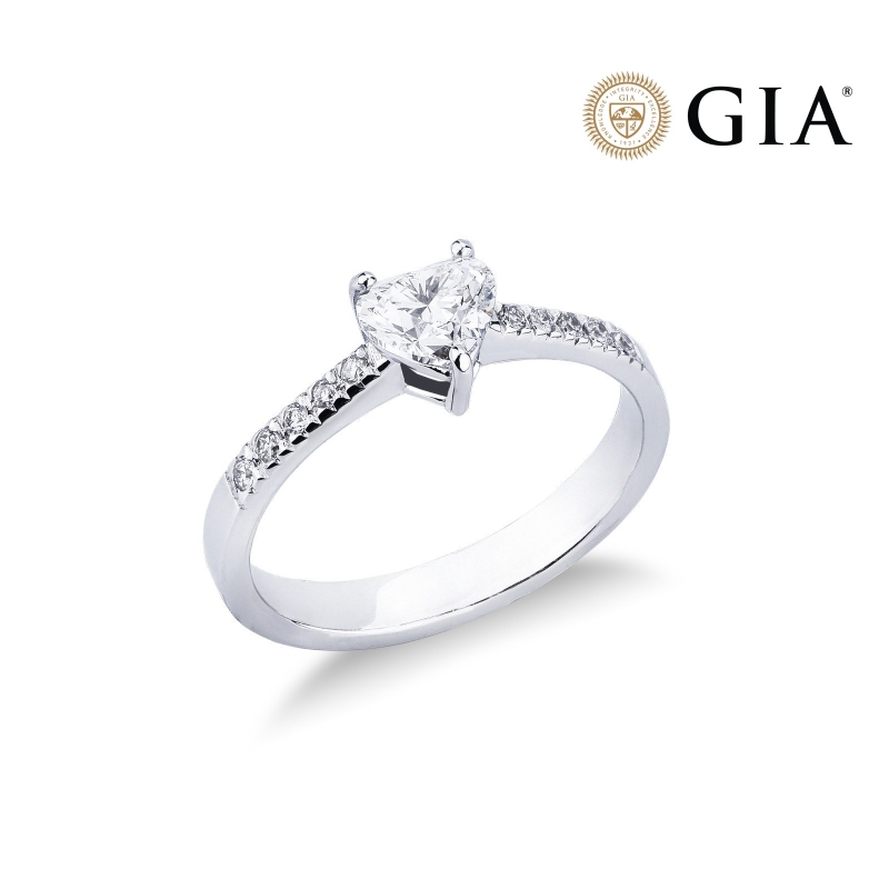 Engagement ring with diamond heart cut 0.70ct GIA in 18k white gold