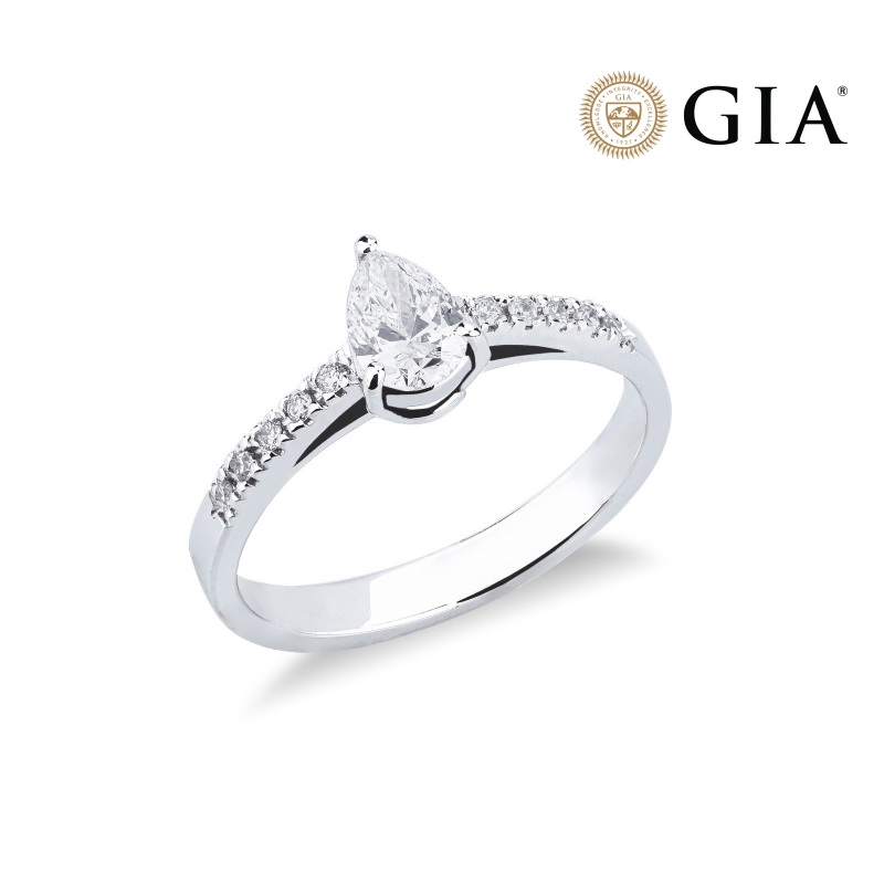 Pear cut solitaire ring in white gold 18k with diamond GIA and diamonds on the shank 