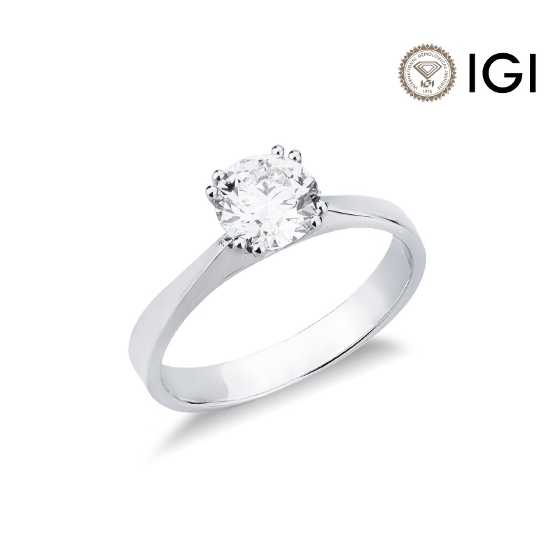 18k white gold solitaire ring with IGI diamond 1,00 ct