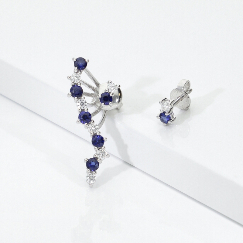White gold 18k asymmetric design earrings with blue sapphires and diamonds