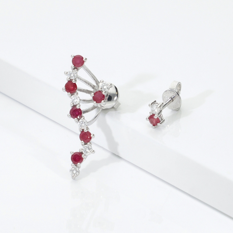 Asymmetrical earrings in white gold 18k with rubies and diamonds