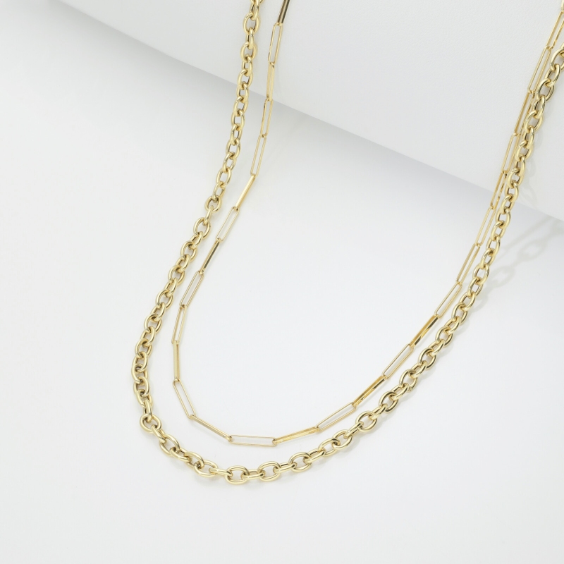 18k yellow gold double chain necklace with rolo and paper clip links