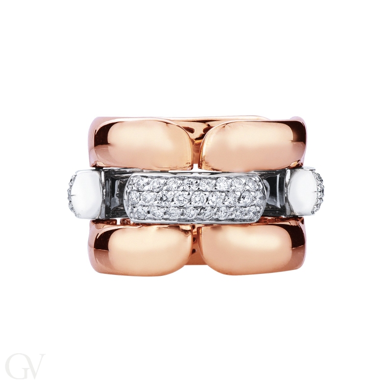 White and rose gold 18k soft link band ring with diamonds 