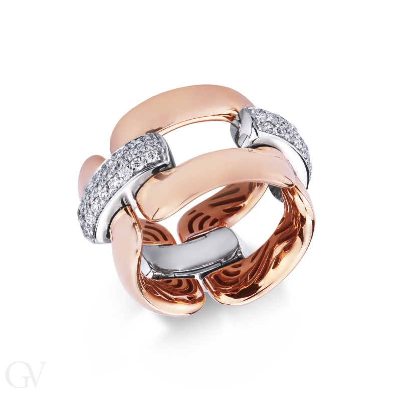 White and rose gold 18k soft link band ring with diamonds 
