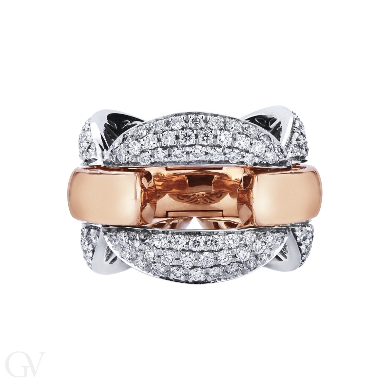 18k rose and white gold soft link ring with diamonds 