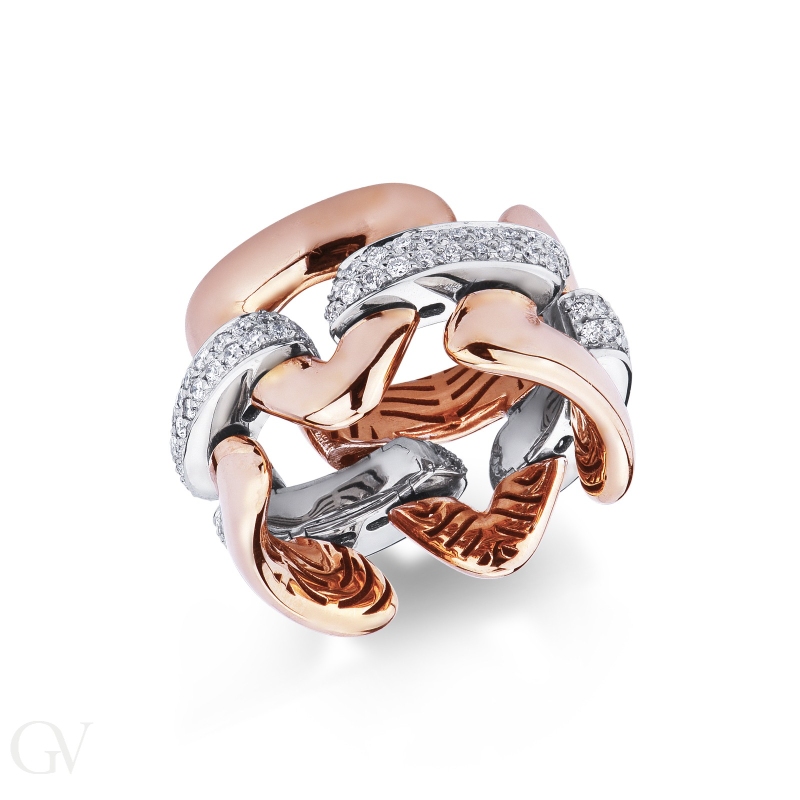 18k rose and white gold stretch ring with diamonds