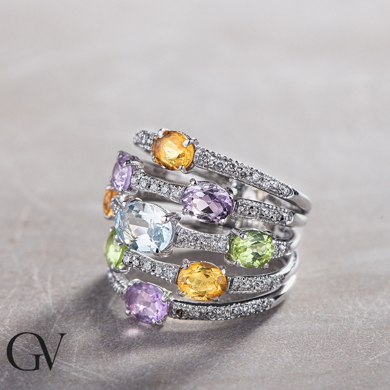 18k white gold band ring with multicolor gemstones and diamonds  18k white gold band ring with multicolor gemstones and diamonds