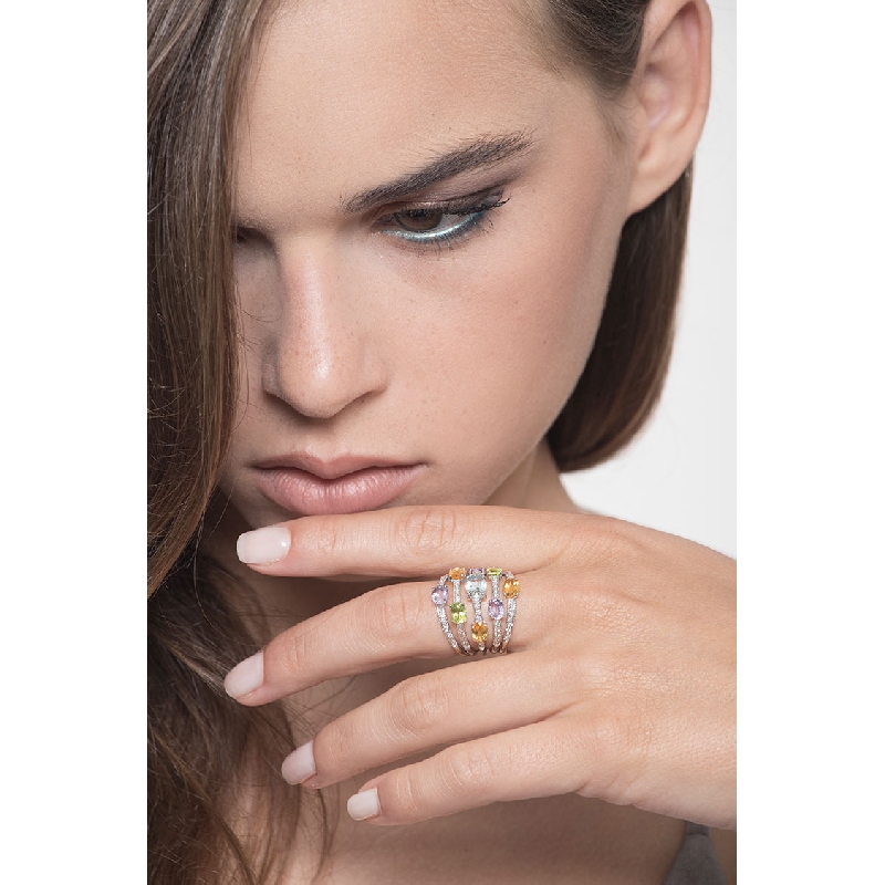 18k white gold band ring with multicolor gemstones and diamonds  18k white gold band ring with multicolor gemstones and diamonds