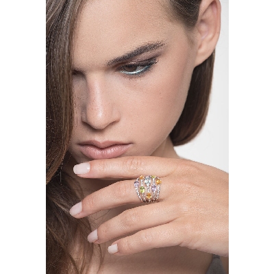 18k white gold band ring with multicolor gemstones and diamonds 