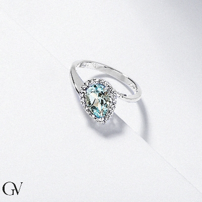 Halo ring white gold 18k with aquamarine pear cut and diamonds
