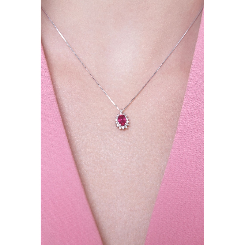 Necklace with pendant, oval cut ruby and diamond Necklace with pendant, oval cut ruby and diamond