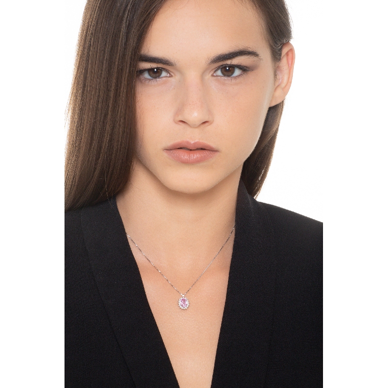 Halo necklace with oval pink sapphire and diamonds Halo necklace with oval pink sapphire and diamonds