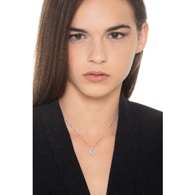 Halo necklace with oval pink sapphire and diamonds