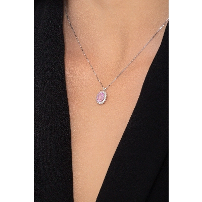 Halo necklace with oval pink sapphire and diamonds