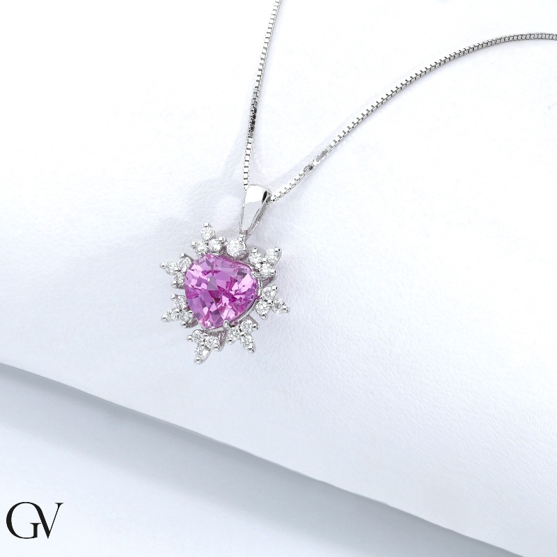 Necklace with pendant, central pink sapphire and diamond petals Necklace with pendant, central pink sapphire and diamond petals