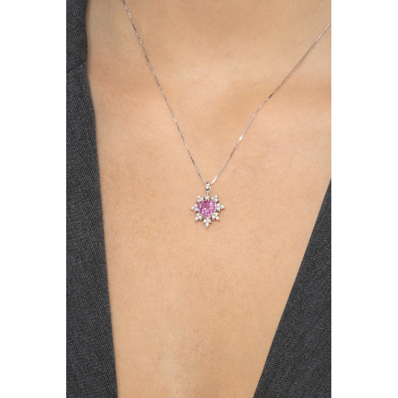 Necklace with pendant, central pink sapphire and diamond petals Necklace with pendant, central pink sapphire and diamond petals