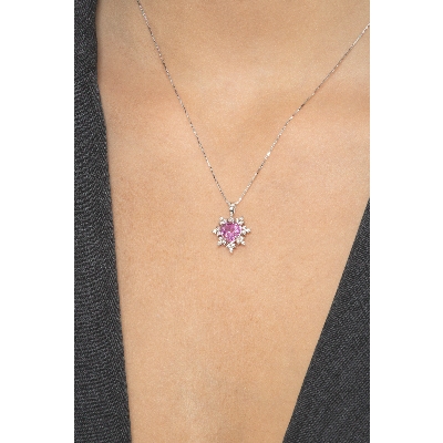 Necklace with pendant, central pink sapphire and diamond petals