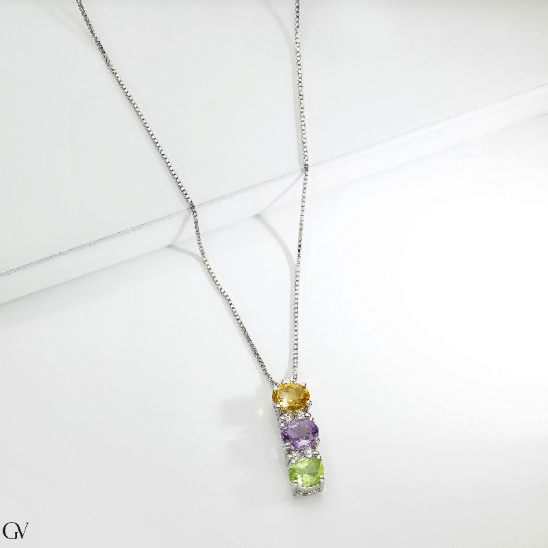 18k white gold multicolor trilogy necklace with citrine, amethyst, peridot and diamonds 
