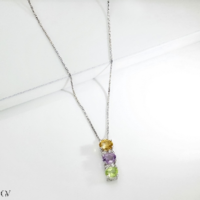 18k white gold multicolor trilogy necklace with citrine, amethyst, peridot and diamonds 