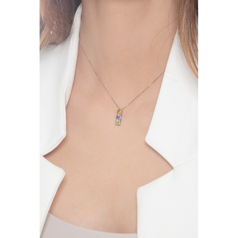 18k white gold multicolor trilogy necklace with citrine, amethyst, peridot and diamonds 
