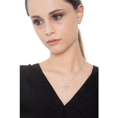 Rounded cross necklace in white gold 18k with diamonds