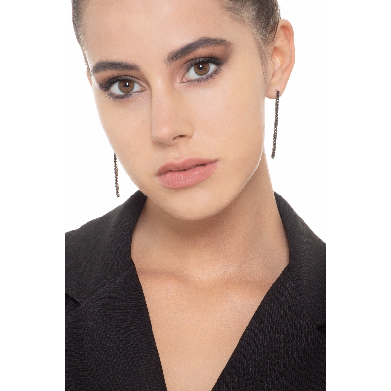 Thin drop tennis earrings with black diamonds in 18k white gold