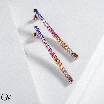 18k rose gold tennis earrings with multicolor sapphires