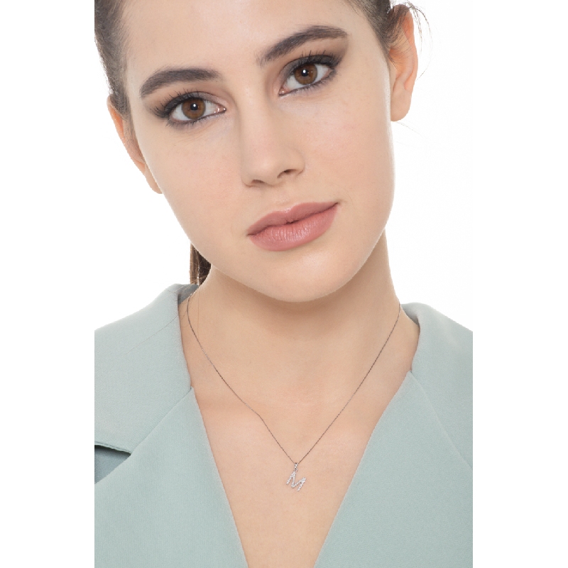 Letter M pendant with diamonds in 18k white gold