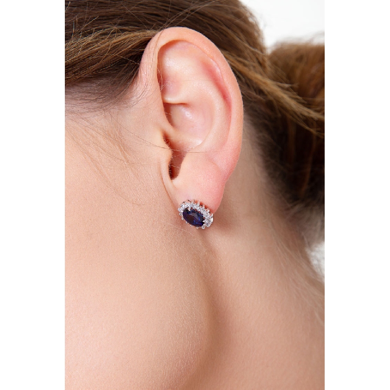 Halo stud earrings with blue sapphires and diamonds in white gold 18k