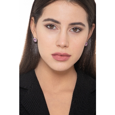 White gold 18k halo earrings with pink sapphires oval cut and diamonds 
