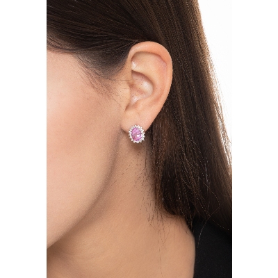 White gold 18k halo earrings with pink sapphires oval cut and diamonds 