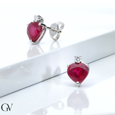 18k white gold earrings with heart cut rubies and round cut diamonds