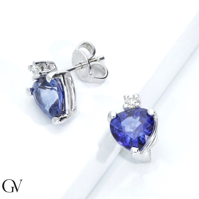 18k white gold earrings with heart cut sapphires and round cut diamonds
