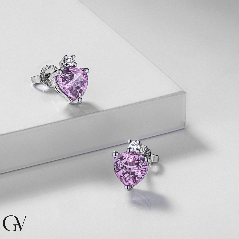 18k white gold earrings with heart cut pink sapphires and round cut diamonds