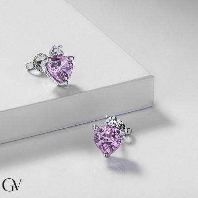 18k white gold earrings with heart cut pink sapphires and round cut diamonds