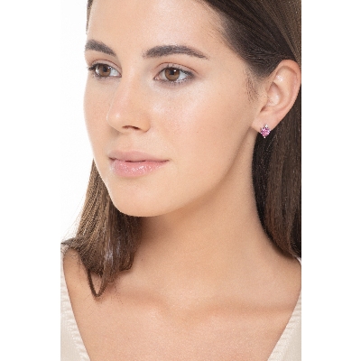 18k white gold earrings with heart cut pink sapphires and round cut diamonds