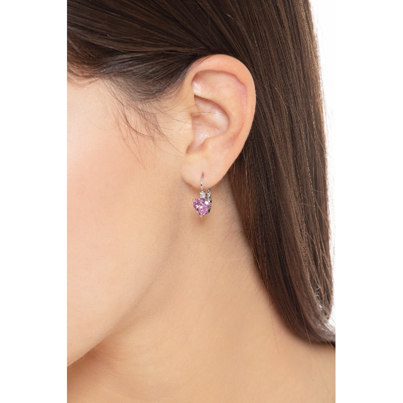 White gold 18k drop earrings with pink sapphires heart cut and diamonds White gold 18k drop earrings with pink sapphires heart cut and diamonds
