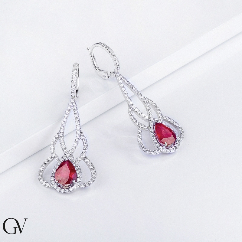 White gold 18k drop earrings with rubies and diamonds 