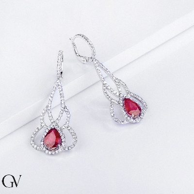 White gold 18k drop earrings with rubies and diamonds 