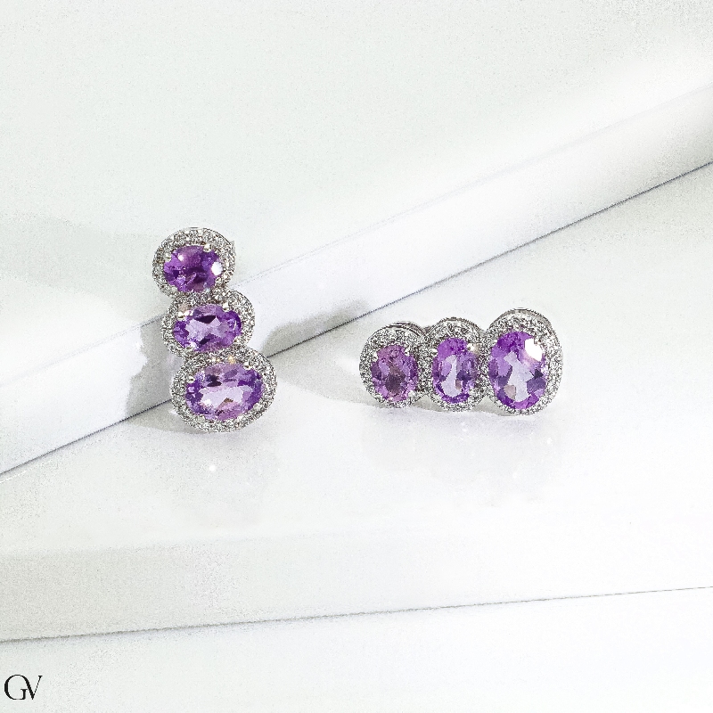 Earrings in white gold 18k with three amethysts oval cut and diamonds Earrings in white gold 18k with three amethysts oval cut and diamonds