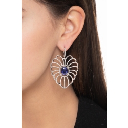 18k white gold drop earrings with a big oval pendant in diamonds and blue sapphire 2