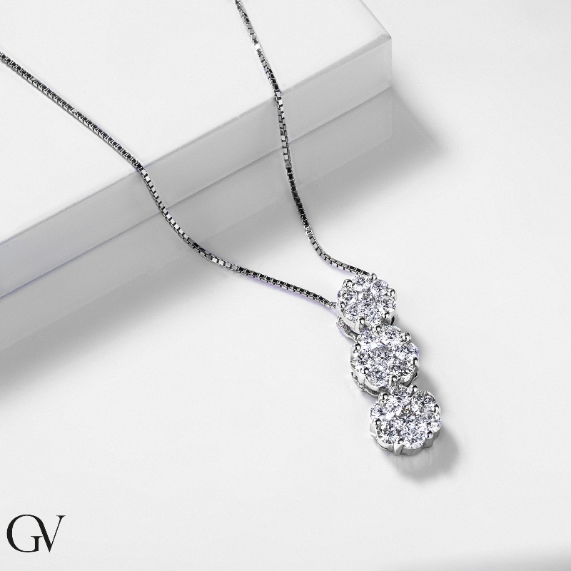 18k white gold necklace with 3 diamond flowers 