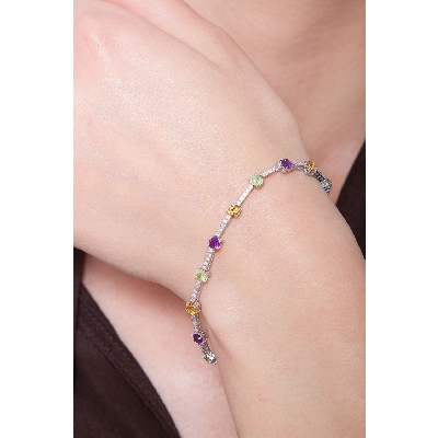 Alternate bracelet  in white gold 18k with multicolor gemstones and diamonds 