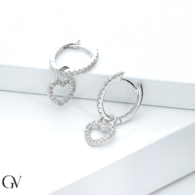 Earrings in white gold 18k with heart diamonds pendant
