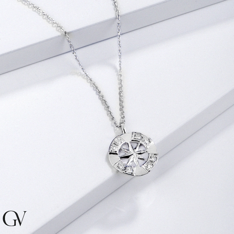 Necklace in white gold 18k with wind rose charm with diamonds